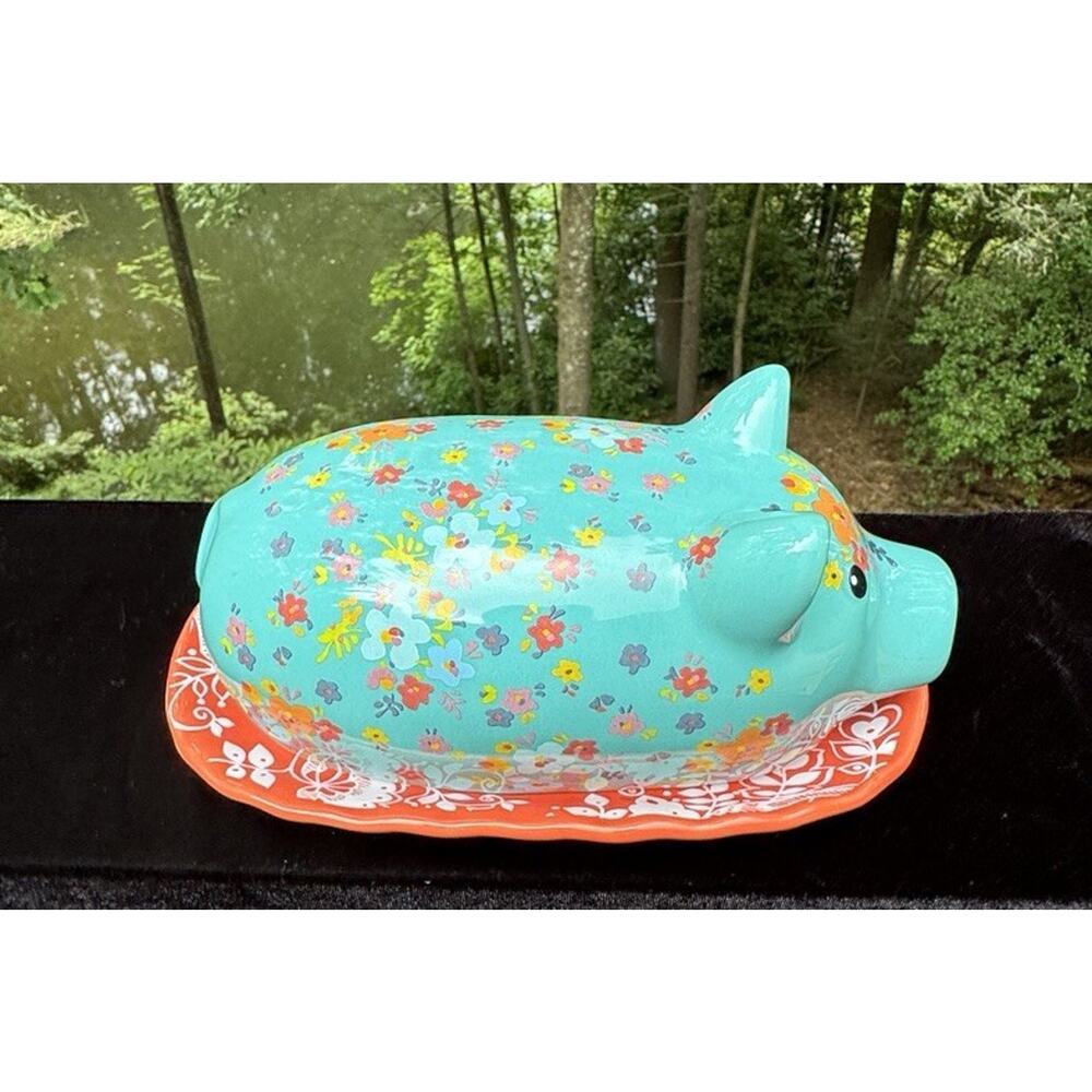 Gibson Ceramic Pig Covered Butter Dish Lid Tray Farmhouse Pioneer Woman EUC A82 - Picture 2 of 9